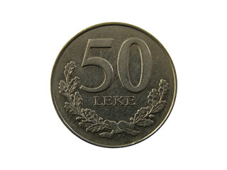 Reverse of Albania coin 50 leks 2000 with inscription meaning 50 LEKS. Isolated in white background.