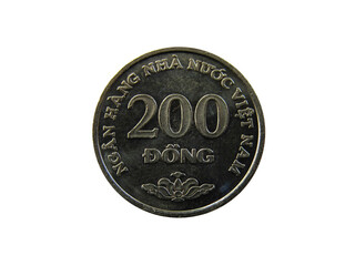 Reverse of Vietnam coin 200 dongs 2003 with inscription meaning NATIONAL BANK OF VIETNAM. Isolated in white background.