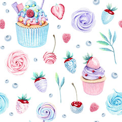 Seamless background of watercolor sweet desserts: cupcakes, meringue, berries and leaves.