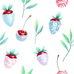 Seamless background of watercolor sweet desserts: strawberries and cherries glazed.