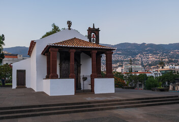 Church in Santa Catarina Park Funchal harbour Skyline Madeira island, Portugal. October 2021