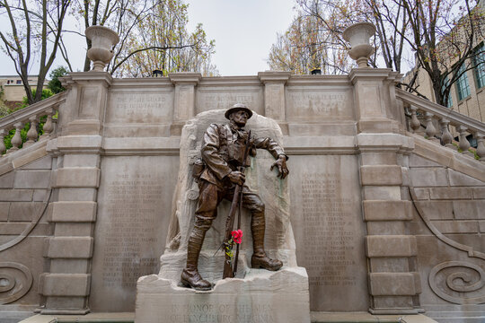 Lynchburg, Virginia - April 21, 2022: "The Listening Post" (or "The Doughboy") statue by sculptor Charles Keck is part of the World War I memorial and is at the base of Monument Terrace.