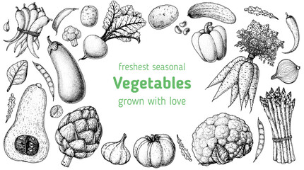 Vegetables hand drawn illustration. Top view frame. Vintage hand drawn sketch. Organic food poster. Good nutrition, healthy food. Vector illustration. Artichoke, carrot, pepper, eggplant, beet, garlic