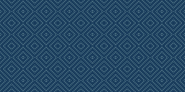 Vector geometric seamless pattern. Dark blue color abstract graphic background with squares, rhombuses, grid. Simple wicker texture. Ethnic tribal style ornament. Repeated retro vintage geo design