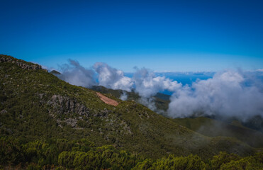 Fototapeta na wymiar View from Pico Ruivo peak towards the refuge and Achada do Teixeira area on Madeira island of Portugal. October 2021