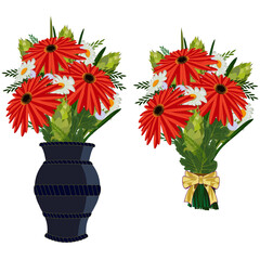 Flower bouquet  in vase and gift flower bouquet with a bow. Vector illustration