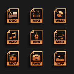 Set EPS file document, RAW, TIFF, M3U, MOV and WAV icon. Vector