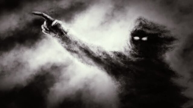 Shadow monk shows direction with his hand in light of darkness. 2D animation in horror fantasy genre. Scary evil demon silhouette in hood. Creepy animated backdrop movie. VJ loops and music clips.  