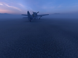 Fototapeta na wymiar Worldwar two fighter airplane in a misty desolate desert at dusk. 3D render.