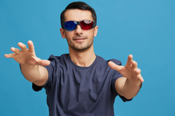 Naklejka premium portrait man 3D glasses cinema fun emotions isolated background