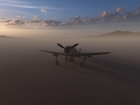 Worldwar two fighter airplane in a misty desolate desert at sunrise. 3D render.