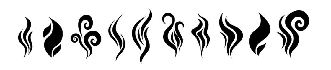 Fototapeta premium Aroma steam icons. Warm vapour and cooking smell abstract symbols, aroma water and oil odor. tea and coffee smell black logos set