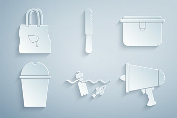 Set Problem pollution of the ocean, Lunch box, Paper glass water, Spread word, megaphone, Disposable plastic knife and Shopping bag with recycle icon. Vector