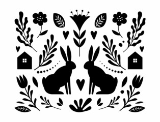 Nordic Folk pattern with bunnies and floral elements