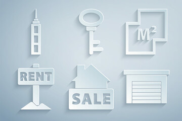 Set Hanging sign with Sale, House plan, Rent, Garage, key and Skyscraper icon. Vector