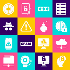 Set Human head with lock, Network cloud connection, Global lockdown, Password protection, Exclamation mark in triangle, Incognito mode, Safe and Bomb ready explode icon. Vector