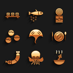 Set Stingray, Octopus, Soup with octopus, Served cucumber on plate, Shrimp, Takoyaki, Canned fish and Sushi cutting board icon. Vector