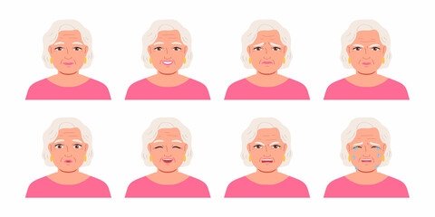 Elderly woman avatar set.Different emotions. Cartoon vector illustration.