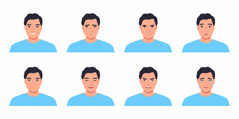 Dark-haired man avatar set.Different emotions. Cartoon vector illustration.
