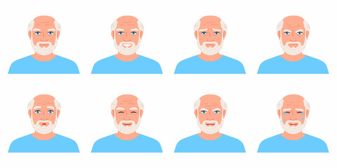 Elderly man avatar set.Different emotions. Cartoon vector illustration.