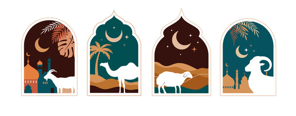 Eid Al Adha festival. Greeting card with sacrificial sheep and crescent on cloudy night background. Eid Mubarak theme. Vector illustration.