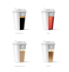 Set of drinks in a paper cup. Coffee to go, take out mug. Vector illustration isolated and can be use for any backgrounds. EPS10.