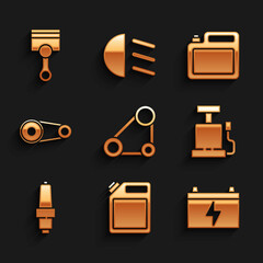 Set Timing belt kit, Canister for gasoline, Car battery, air pump, spark plug, motor oil and Engine piston icon. Vector