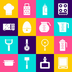 Set Electronic scales, Teapot, Measuring cup, Sauce bottle, Kitchen timer, Microwave oven, Chef hat and Coffee icon. Vector