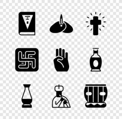 Set India constitution day, Indian headgear turban, Christian cross, vase, man plays flute, Instrument tabla, Hindu swastika and symbol hand icon. Vector