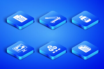 Set File document, Document with graph chart, RGB color mixing, Computer monitor screen, Paper cutter and Printer ink bottle icon. Vector