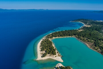 Aerial view of Glarokavos beach in Kassandra peninsula. Chalkidiki, Greece