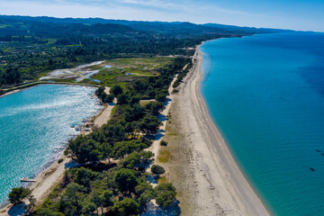 Aerial view of Glarokavos beach in Kassandra peninsula. Chalkidiki, Greece