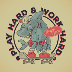 Cartoon emblem of shark riding a skateboard © andhikajudy