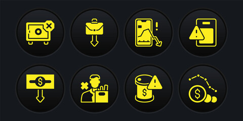 Set Dollar rate decrease, Global economic crisis, Employee dismissal, Drop in crude oil price, Mobile stock trading, Briefcase, and Safe icon. Vector