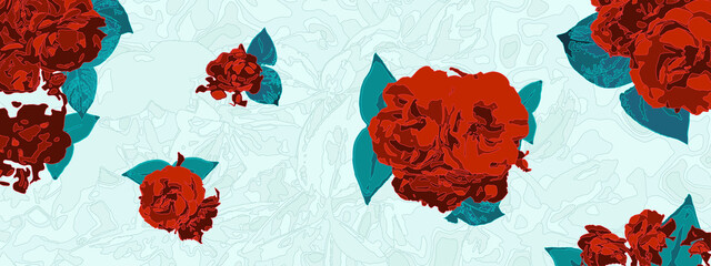 Red roses buds and green leaves. Vector flowers.