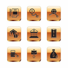 Set Contract money and pen, Calculation of expenses, Briefcase, Bank building, Hanging sign with Sale, Global economic crisis, Money bag and Dollar rate decrease icon. Vector