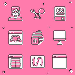 Set Hacker or coder, Debugging, Books about programming, Browser with shield, Processor, Computer monitor screen, MySQL and Programming language syntax icon. Vector