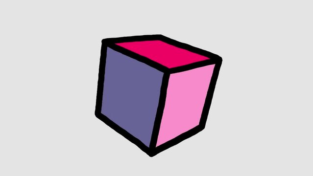 Cube cartoon 3d color with linear black outline animation rotation isolated. Seamless loop alpha channel included. Motion design element.
