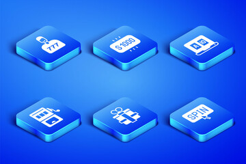 Set Slot machine spin button, Lucky player, Gift box, Money prize casino and Online poker table game icon. Vector