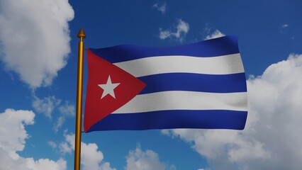 National flag of Cuba waving 3D Render with flagpole and blue sky, Bandera de Cuba or Estrella Solitaria and Lone Star flag, Republic of Cuba flag textile