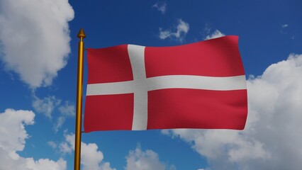 National flag of Denmark waving 3D Render with flagpole and blue sky, Dannebrog with white Scandinavian cross textile, flag kings of Denmark has Nordic cross, Rigets flag