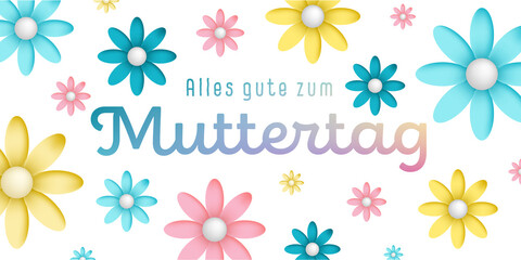 German text : Alles gute zum muttertag with many colorful blossoms on a white background