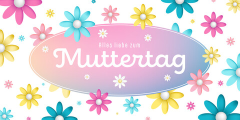 German text : Alles liebe zum muttertag, on an colorful oval frame with colorful blossoms on white background