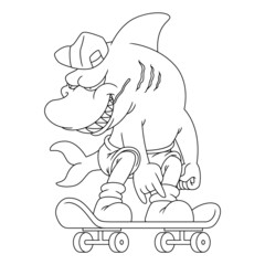 Obraz premium Coloring illustration of cartoon shark riding a skateboard