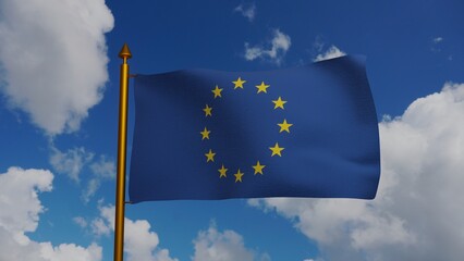 European Union flag 3D Render with flagpole and blue sky, EU Flag of Europe, European Union national flag textile, logo of the Council of Europe