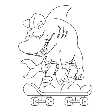 Coloring illustration of cartoon shark riding a skateboard