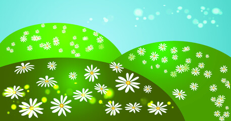 Daisies on green hills.