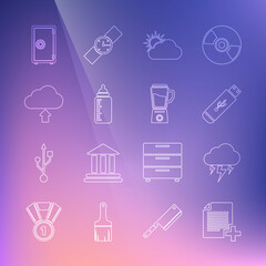 Set line Add new file, Storm, USB flash drive, Sun and cloud weather, Baby bottle, Cloud upload, Safe and Blender icon. Vector
