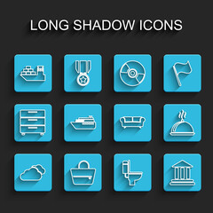 Set line Cloud, Handbag, Cargo ship, Toilet bowl, Bank building, Ship, Covered with tray of food and Sofa icon. Vector