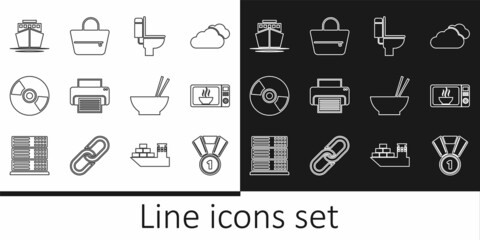 Set line Medal, Microwave oven, Toilet bowl, Printer, CD or DVD disk, Ship, Bowl with chopsticks and Handbag icon. Vector
